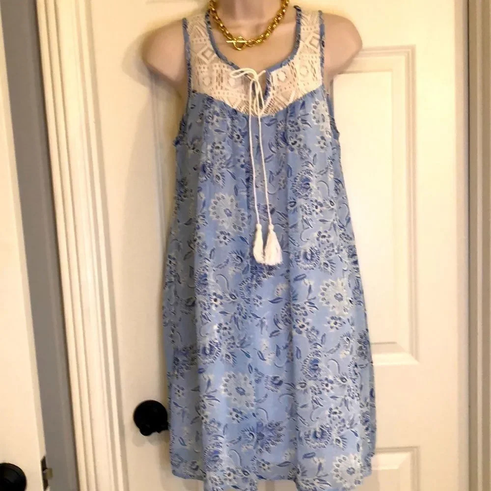 𝅺Red Carmel boho blue granny‎ liberty floral crochet top dress size medium